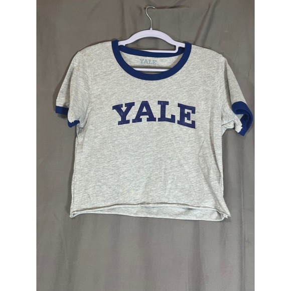 Yale University Tops - Yale University Ringer Tee Grey Navy Blue Cropped Graphic Shirt Large
